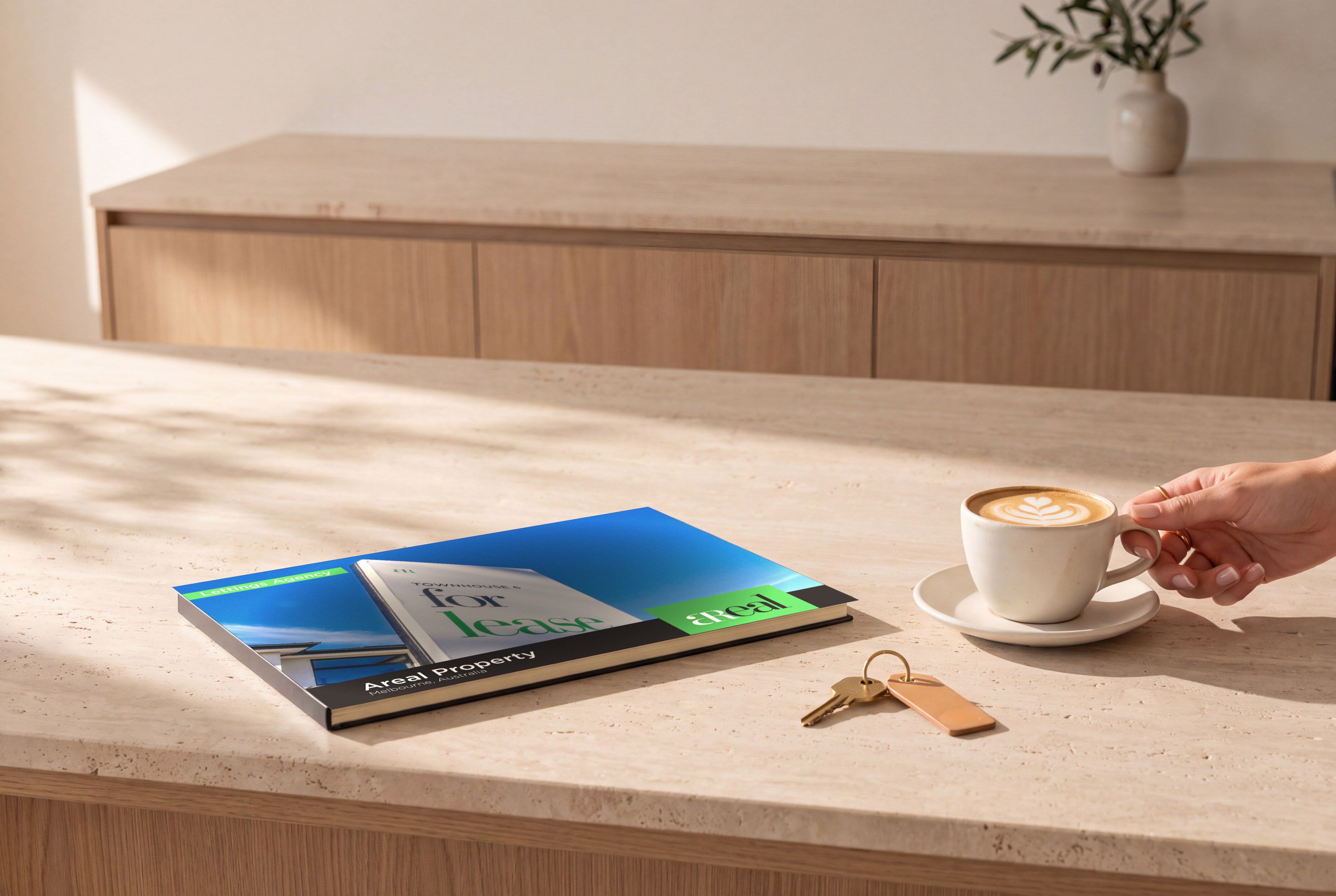 The Letting Agency brochure on a travertine kitchen bench beside a set of keys, a woman's hand resting on a coffee cup