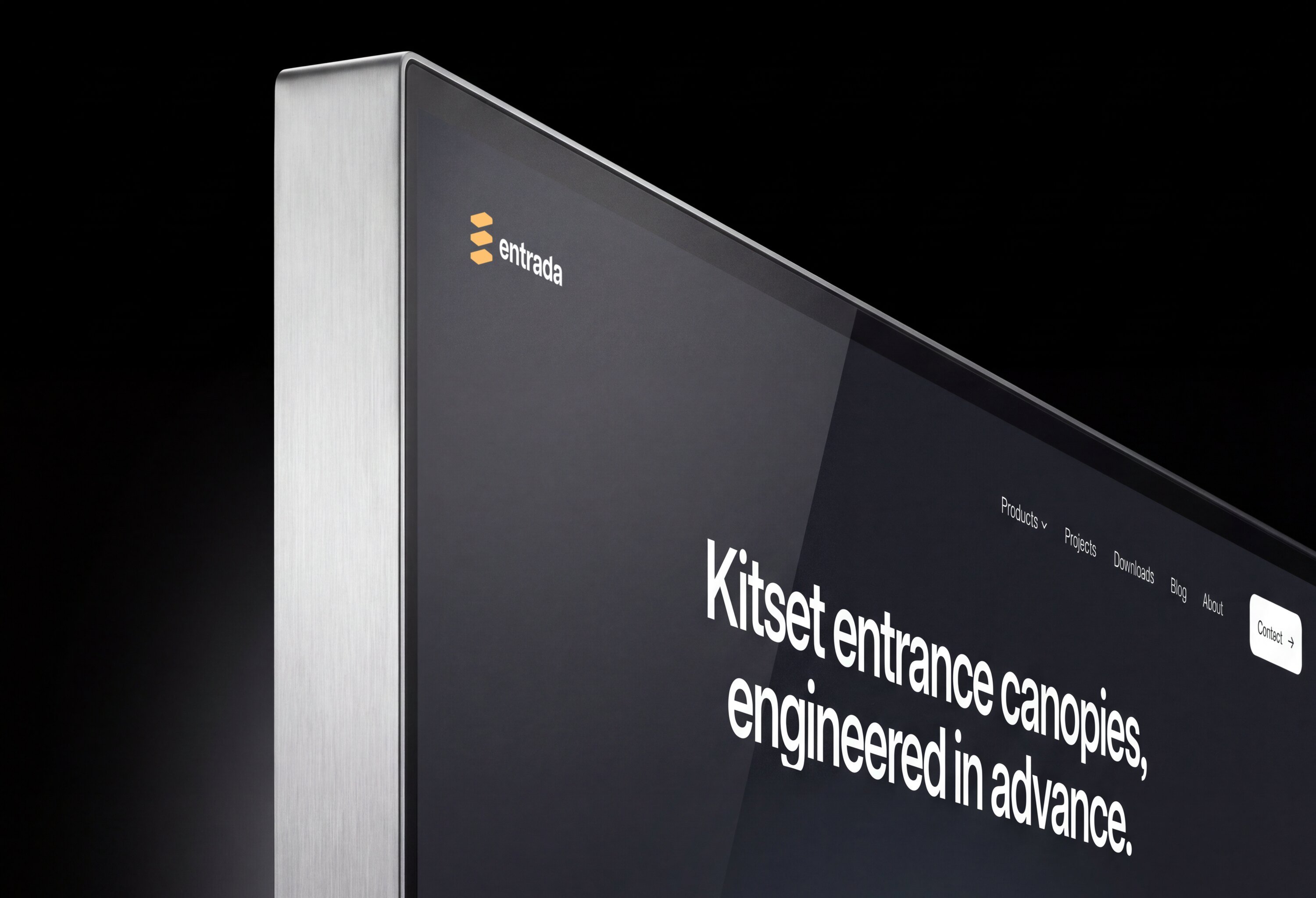 The Entrada website on a large screen: Kitset entrance canopies, engineered in advance
