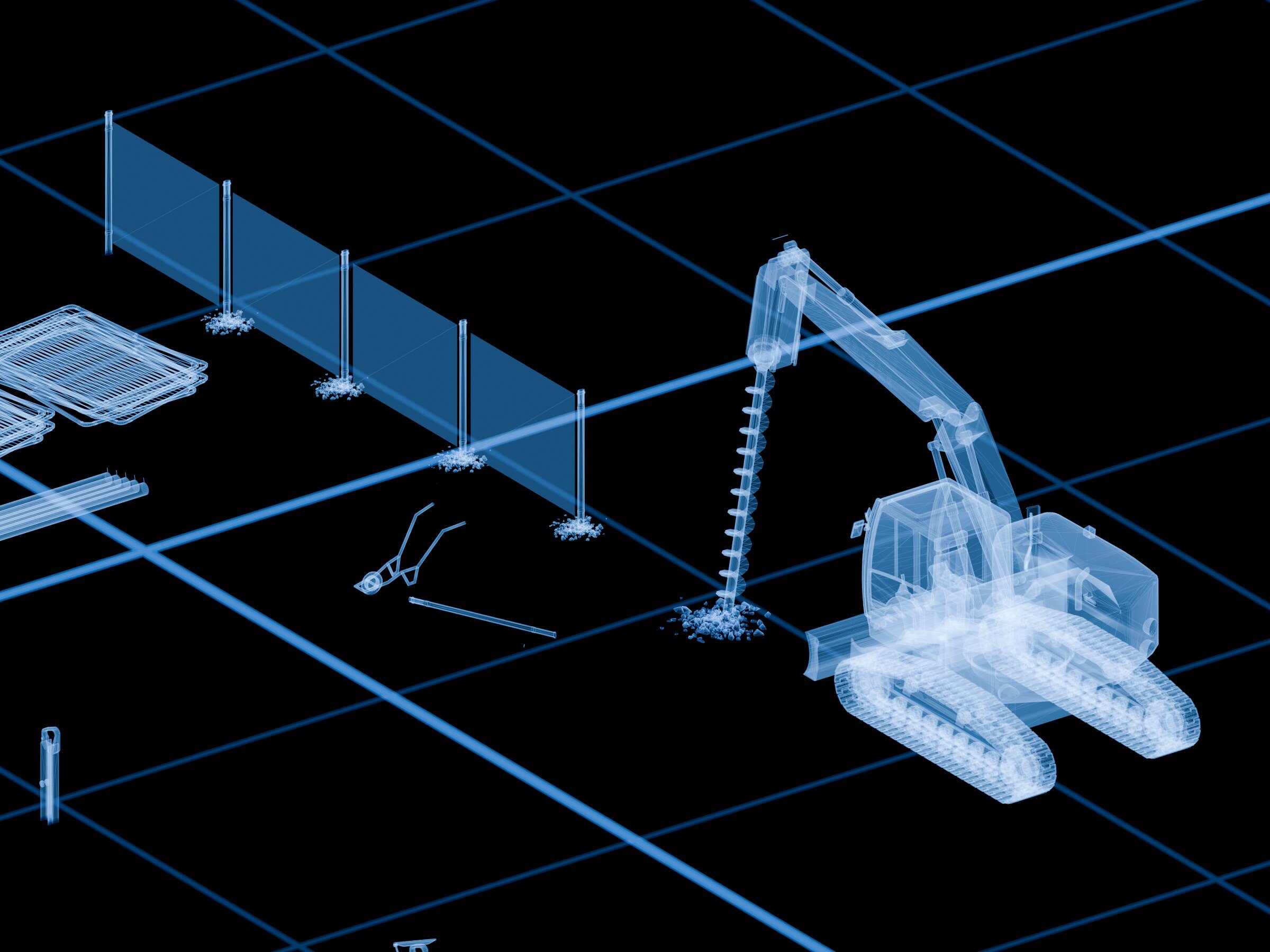 The fencing scene from the 3D model in X-ray: an excavator with an auger setting fence posts
