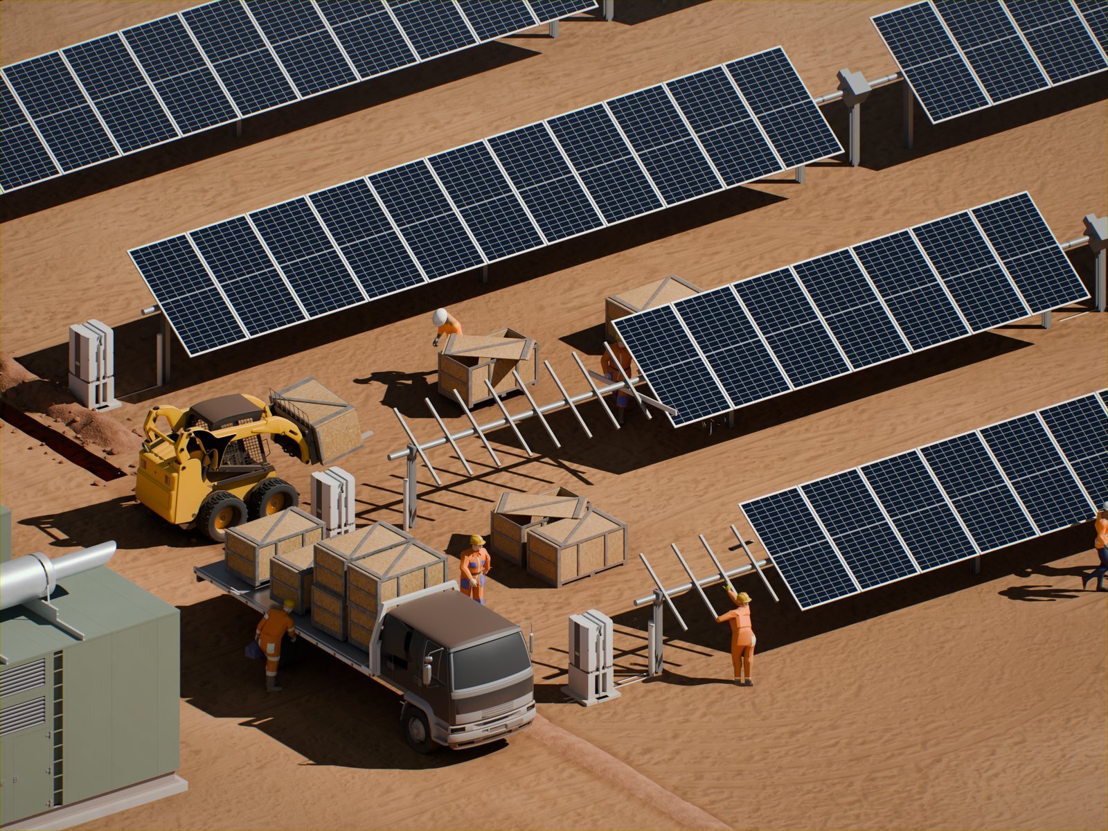 PV module install rendered from the 3D model: a truck of panel crates and a skid steer between tracker rows