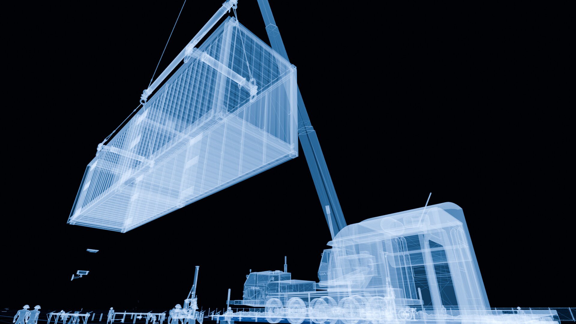 X-ray view looking up from under a battery container as the crane lifts it, with the site drawn as a blue see-through wireframe
