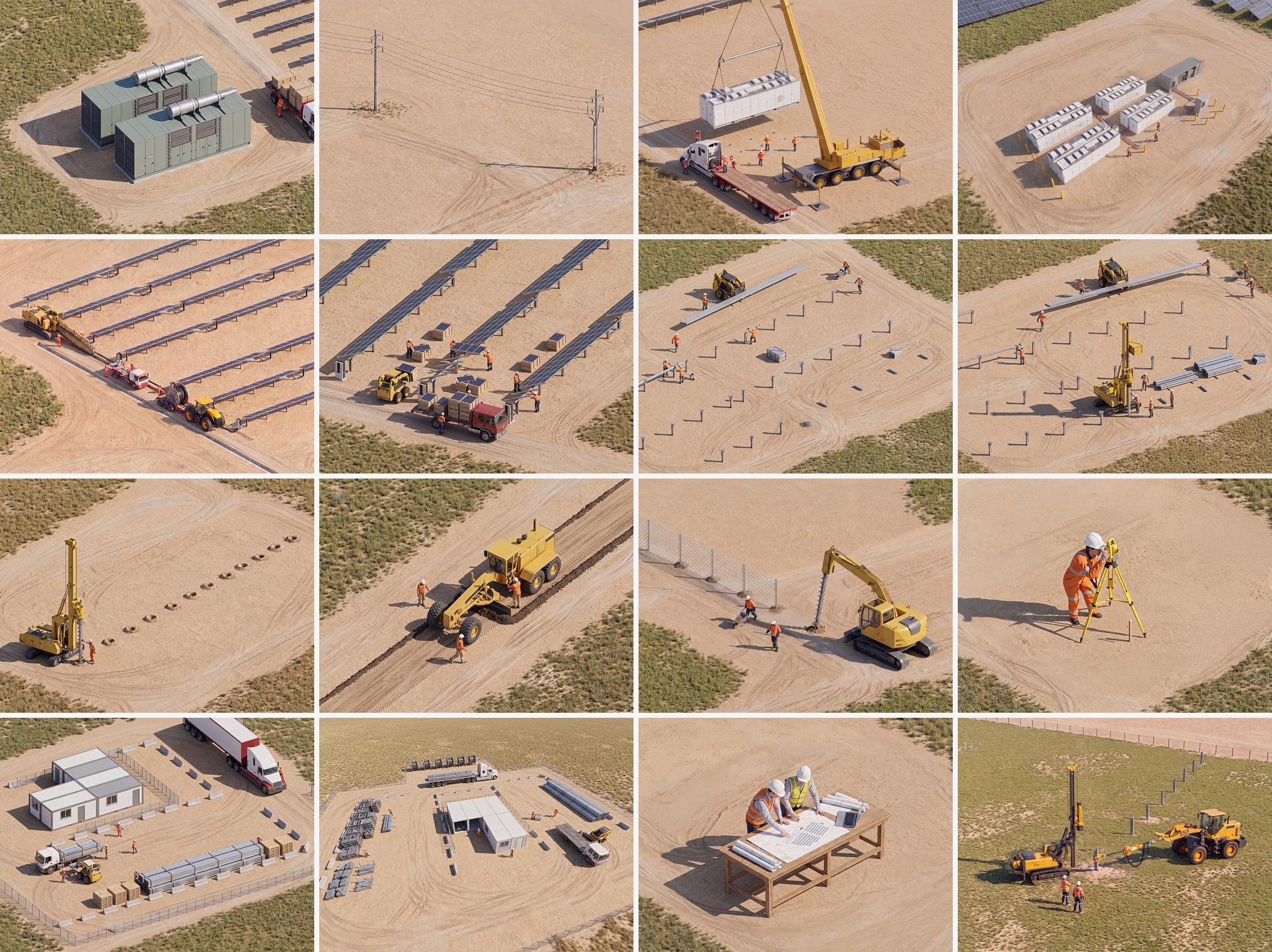 Grid of the 16 construction-stage illustrations, from diesel generators to early works