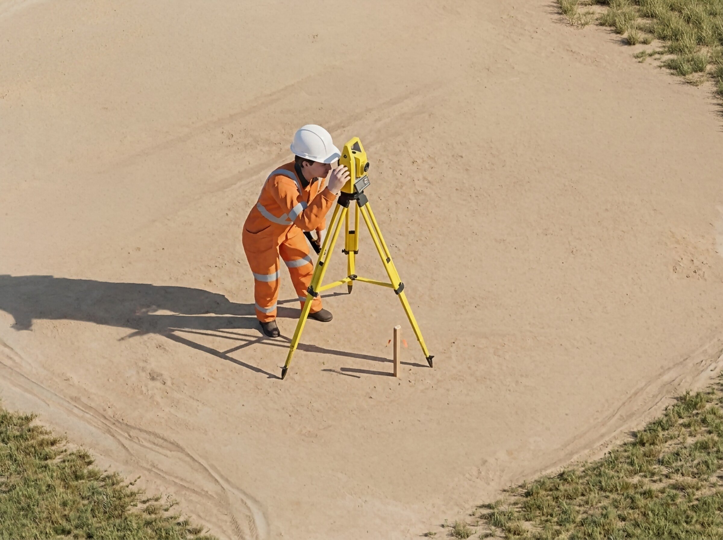 The Survey illustration, a surveyor in hi-vis at a total station on a tripod