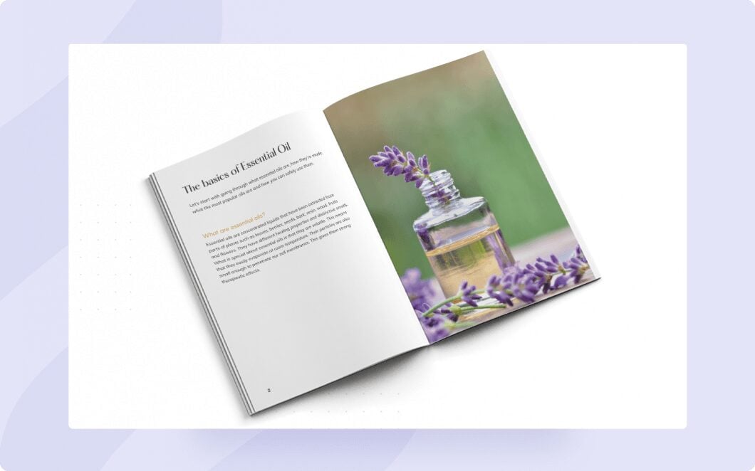 Ebook spread titled The basics of Essential Oil, facing a full-page photo of a small oil bottle with lavender sprigs