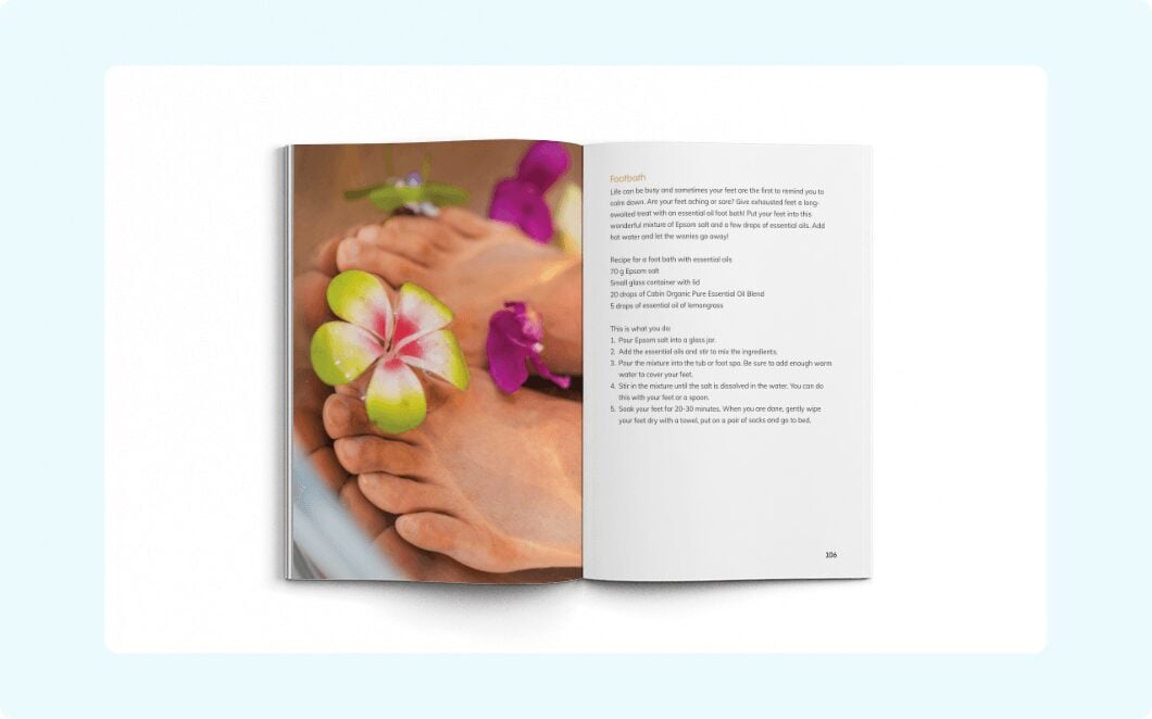 Ebook spread on a footbath, a photo of feet in water with flowers facing a recipe and five numbered steps
