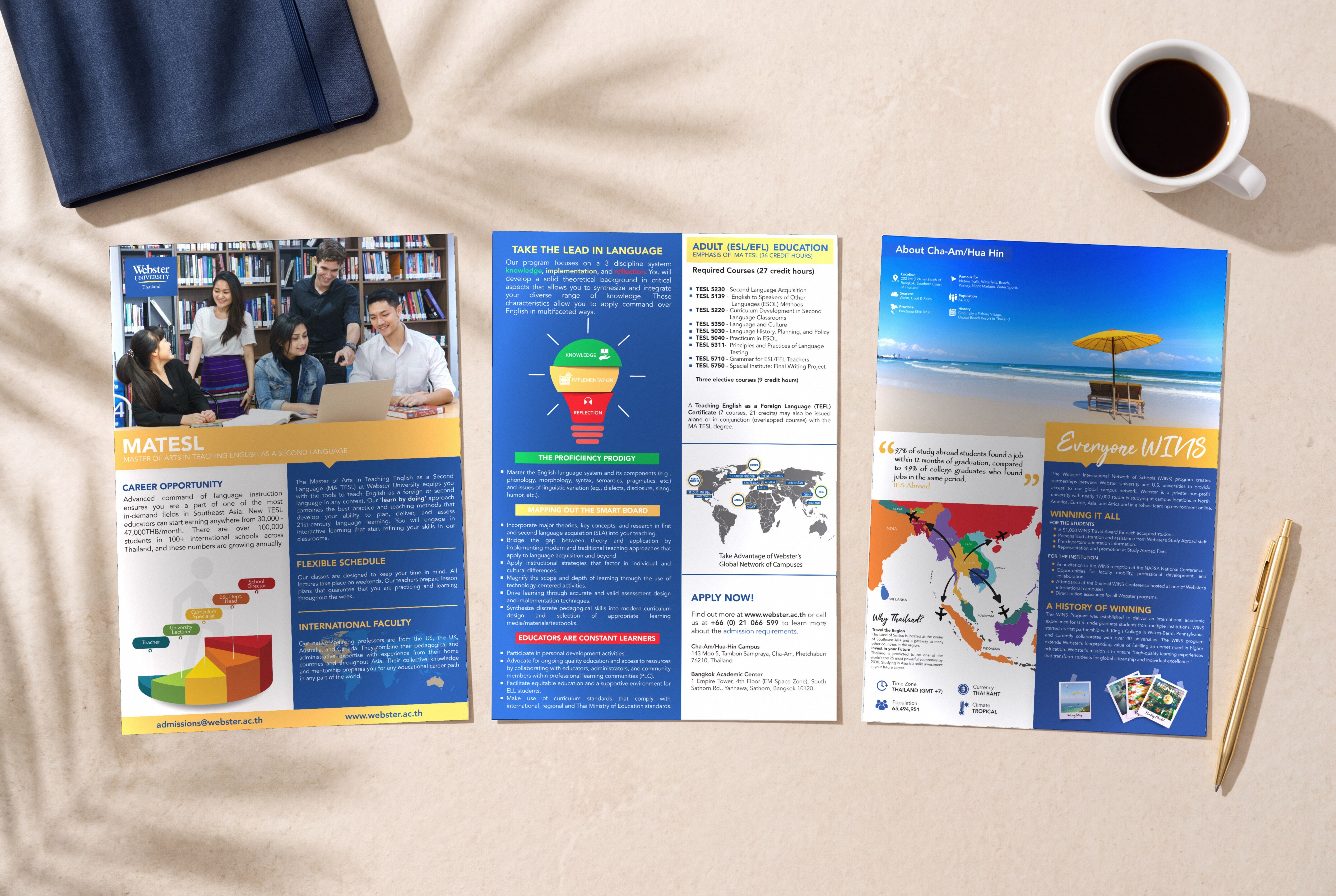 Three Webster flyers laid flat beside a navy notebook, a coffee and a pen, under leaf shadows